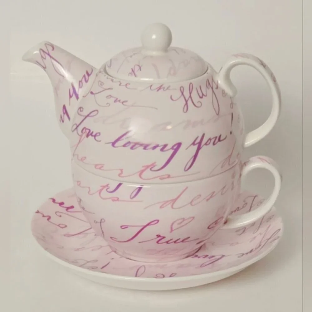 Tea For One Teapot Cup Saucer Set Pink Script Romantic Gift Set
